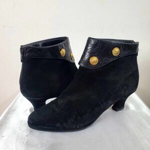 Vintage Black Suede Ankle Boots Round Toe Leather Detail & Gold Buttons 38